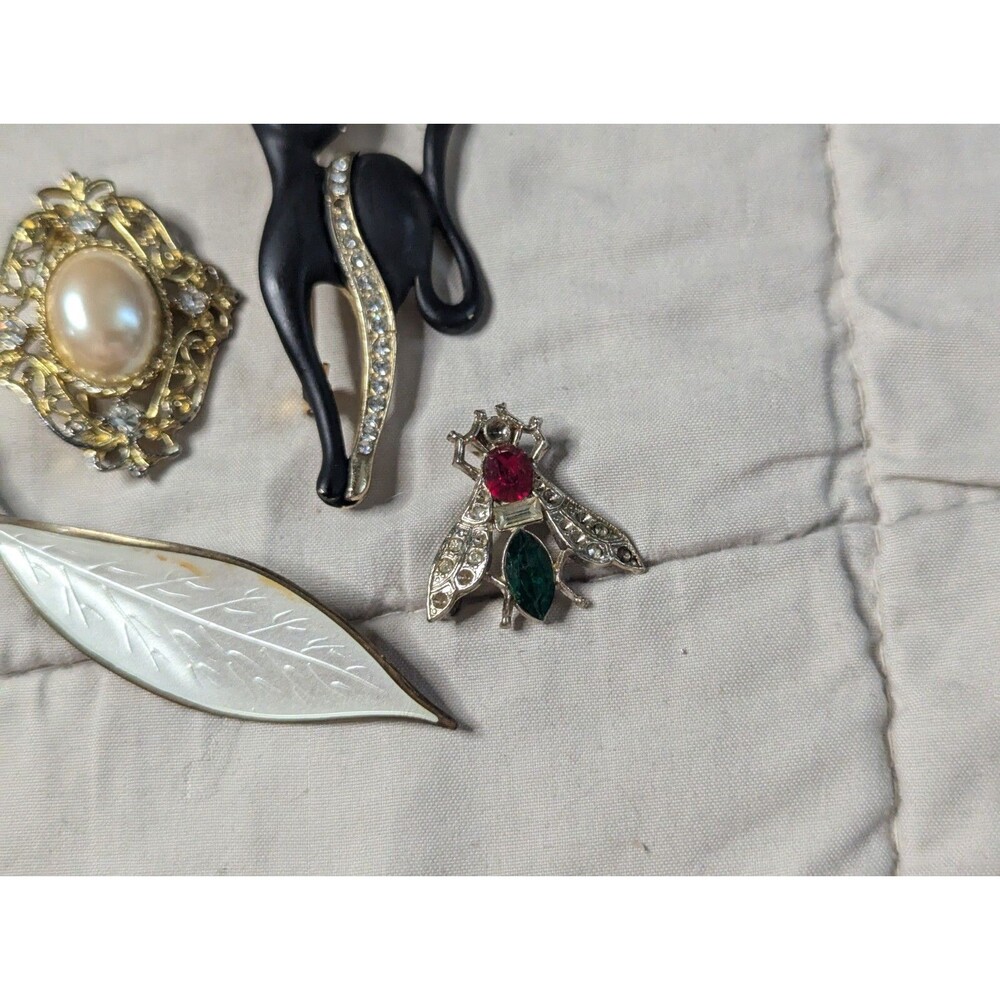 Lot Of 4 Vintage Pins Black Cat Fly Bee Leaf Cabochon Norway Sterling - Picture 6 of 16